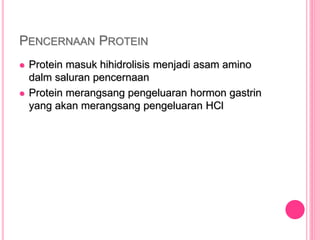 PENCERNAAN PROTEIN
 Protein masuk hihidrolisis menjadi asam amino
dalm saluran pencernaan
 Protein merangsang pengeluaran hormon gastrin
yang akan merangsang pengeluaran HCl
 