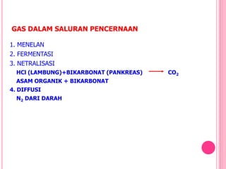 GAS DALAM SALURAN PENCERNAAN
1. MENELAN
2. FERMENTASI
3. NETRALISASI
HCl (LAMBUNG)+BIKARBONAT (PANKREAS) CO2
ASAM ORGANIK + BIKARBONAT
4. DIFFUSI
N2 DARI DARAH
 