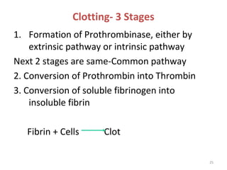 25
Clotting- 3 Stages
1. Formation of Prothrombinase, either by
extrinsic pathway or intrinsic pathway
Next 2 stages are same-Common pathway
2. Conversion of Prothrombin into Thrombin
3. Conversion of soluble fibrinogen into
insoluble fibrin
Fibrin + Cells Clot
 
