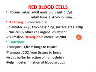 7
RED BLOOD CELLS
• Normal value: adult male:5-5.5 million/µL
adult female: 4.5-5 million/µL
• Anatomy: Biconcave disc
-diameter:7-8µ, thickness:2.2µ, surface area:120µ
-Nucleus & other cell organelles absent
-280 million Hemoglobin molecules/RBC
• Functions:
-Transport O2from lungs to tissues
-Transport CO2 from tissues to lungs
-Act as buffer by action of hemoglobin
-Help in determination of blood groups
 