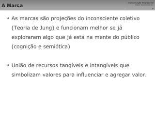 A Marca As marcas são projeções do inconsciente coletivo (Teoria de Jung) e funcionam melhor se já exploraram algo que já está na mente do público (cognição e semiótica) União de recursos tangíveis e intangíveis que simbolizam valores para influenciar e agregar valor.  