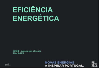 EFICIÊNCIA
ENERGÉTICA



ADENE – Agência para a Energia
Maio de 2010




                                 0
 
