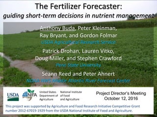 The Fertilizer Forecaster:
guiding short-term decisions in nutrient management
Project Director’s Meeting
October 12, 2016
United States
Department of
Agriculture
National Institute
of Food
and Agriculture
This project was supported by Agriculture and Food Research Initiative Competitive Grant
number 2012-67019-1929 from the USDA National Institute of Food and Agriculture.
Anthony Buda, Peter Kleinman,
Ray Bryant, and Gordon Folmar
USDA Agricultural Research Service
Patrick Drohan, Lauren Vitko,
Doug Miller, and Stephen Crawford
Penn State University
Seann Reed and Peter Ahnert
NOAA NWS Middle Atlantic River Forecast Center
 