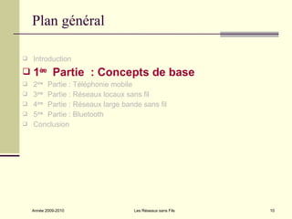 Plan général

   Introduction
   1ère Partie : Concepts de base
   2ème Partie : Téléphonie mobile
   3ème Partie : Réseaux locaux sans fil
   4ème Partie : Réseaux large bande sans fil
   5ème Partie : Bluetooth
   Conclusion




    Année 2009-2010                Les Réseaux sans Fils   10
 