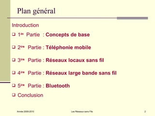 Plan général
Introduction
   1ère Partie : Concepts de base

   2ème Partie : Téléphonie mobile

   3ème Partie : Réseaux locaux sans fil

   4ème Partie : Réseaux large bande sans fil

   5ème Partie : Bluetooth
   Conclusion

    Année 2009-2010           Les Réseaux sans Fils   2
 