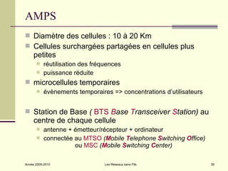 AMPS
 Diamètre des cellules : 10 à 20 Km
 Cellules surchargées partagées en cellules plus
     petites
          réutilisation des fréquences
          puissance réduite
 microcellules temporaires
          évènements temporaires => concentrations d’utilisateurs


 Station de Base ( BTS Base Transceiver Station) au
     centre de chaque cellule
          antenne + émetteur/récepteur + ordinateur
          connectée au MTSO (Mobile Telephone Switching Office)
                     ou MSC (Mobile Switching Center)

Année 2009-2010                  Les Réseaux sans Fils               39
 