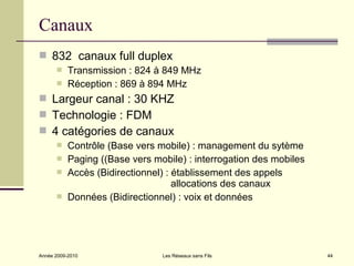 Canaux
 832 canaux full duplex
          Transmission : 824 à 849 MHz
          Réception : 869 à 894 MHz
 Largeur canal : 30 KHZ
 Technologie : FDM
 4 catégories de canaux
          Contrôle (Base vers mobile) : management du sytème
          Paging ((Base vers mobile) : interrogation des mobiles
          Accès (Bidirectionnel) : établissement des appels
                                    allocations des canaux
          Données (Bidirectionnel) : voix et données




Année 2009-2010                 Les Réseaux sans Fils               44
 