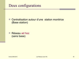 Deux configurations


 Centralisation autour d’une station monitrice
     (Base station)



 Réseau ad hoc
     (sans base)




Année 2009-2010        Les Réseaux sans Fils      64
 