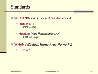 Standards

 WLAN (Wireless Local Area Networks)
          IEEE 802.11
                 IEEE – USA

          HiperLan (High Performance LAN)
                 ETSI – Europe


 WHAN (Wireless Home Area Networks)
            HomeRF




Année 2009-2010                   Les Réseaux sans Fils   65
 