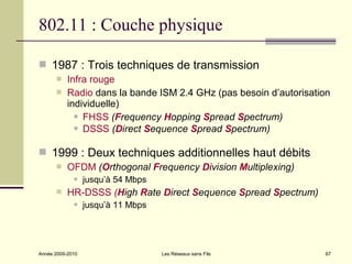 802.11 : Couche physique

 1987 : Trois techniques de transmission
          Infra rouge
          Radio dans la bande ISM 2.4 GHz (pas besoin d’autorisation
           individuelle)
              FHSS (Frequency Hopping Spread Spectrum)

              DSSS (Direct Sequence Spread Spectrum)



 1999 : Deux techniques additionnelles haut débits
          OFDM (Orthogonal Frequency Division Multiplexing)
                 jusqu’à 54 Mbps
          HR-DSSS (High Rate Direct Sequence Spread Spectrum)
                 jusqu’à 11 Mbps




Année 2009-2010                     Les Réseaux sans Fils          67
 