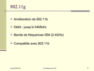802.11g

 Amélioration de 802.11b

 Débit : jusqu’à 54Mbit/s

 Bande de fréquences ISM (2.4GHz)


 Compatible avec 802.11b




Année 2009-2010        Les Réseaux sans Fils   73
 