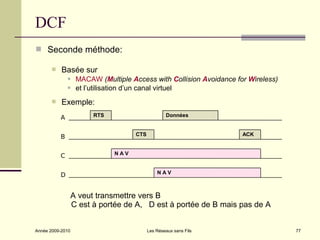 DCF
 Seconde méthode:

          Basée sur
                  MACAW (Multiple Access with Collision Avoidance for Wireless)
                  et l’utilisation d’un canal virtuel
          Exemple:
           A            RTS                        Données



           B                         CTS                             ACK



           C                  NAV



           D                                   NAV



                  A veut transmettre vers B
                  C est à portée de A, D est à portée de B mais pas de A


Année 2009-2010                            Les Réseaux sans Fils                   77
 