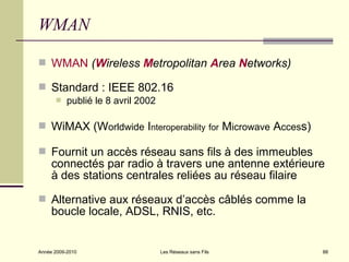 WMAN

 WMAN (Wireless Metropolitan Area Networks)

 Standard : IEEE 802.16
          publié le 8 avril 2002

 WiMAX (Worldwide Interoperability for Microwave Access)

 Fournit un accès réseau sans fils à des immeubles
     connectés par radio à travers une antenne extérieure
     à des stations centrales reliées au réseau filaire

 Alternative aux réseaux d’accès câblés comme la
     boucle locale, ADSL, RNIS, etc.


Année 2009-2010                     Les Réseaux sans Fils   88
 