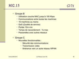 802.15                                                       (2/3)

          Groupe B
                 Utilisation couche MAC jusqu’à 100 Kbps
                 Communications entre toutes les machines
                 16 machines au moins
                 QoS (Qualité de service)
                 Portée 10m min
                 Temps de raccordement : 1s max
                 Passerelles avec autres réseaux

          Groupe C
                 Nouvelles fonctionnalités :
                     Sécurité des communications
                     Transmission vidéo
                     Itinérance vers un autre réseau WPAN



Année 2009-2010                     Les Réseaux sans Fils        96
 