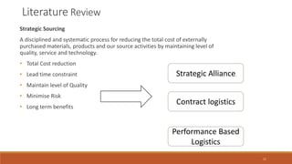 Literature Review
Strategic Sourcing
A disciplined and systematic process for reducing the total cost of externally
purchased materials, products and our source activities by maintaining level of
quality, service and technology.
• Total Cost reduction
• Lead time constraint
• Maintain level of Quality
• Minimise Risk
• Long term benefits
Strategic Alliance
Performance Based
Logistics
Contract logistics
11
 