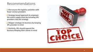 Recommendations
 Out-source the logistics activities with
fewer service providers
 Strategy based approach to empower
the entire supply chain by including 3PL
providers into the strategy
 Shipper strategic its business by keeping
3PL provider in mind
 Similarly, 3PL should expand the
business keeping their clients in mind
18
 
