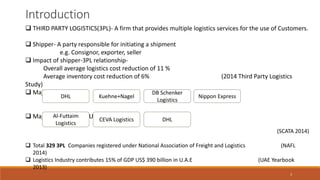 Introduction
 THIRD PARTY LOGISTICS(3PL)- A firm that provides multiple logistics services for the use of Customers.
 Shipper- A party responsible for initiating a shipment
e.g. Consignor, exporter, seller
 Impact of shipper-3PL relationship-
Overall average logistics cost reduction of 11 %
Average inventory cost reduction of 6% (2014 Third Party Logistics
Study)
 Major 3PL Players-
 Major 3PL Players in U.A.E.
(SCATA 2014)
 Total 329 3PL Companies registered under National Association of Freight and Logistics (NAFL
2014)
 Logistics Industry contributes 15% of GDP US$ 390 billion in U.A.E (UAE Yearbook
2013)
Kuehne+NagelDHL
DB Schenker
Logistics
Nippon Express
Al-Futtaim
Logistics
CEVA Logistics DHL
3
 