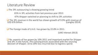 Literature Review
 The 3PL outsourcing is showing growing trend
65% in 3PL activities from last previous year 2013
47% Shipper switched or planning to shift to 3PL activities
 The 3PL revenue in the world has shown growth of 9.9% with revenue of
US$ 676 billion. (Langley 2014)
 The Foreign trade of U.A.E. has grown by 22.8% in 2011.
(UAE Interact 2013)
 Re- exports of has grown by 10% 2011 and important market for Shipper
and 3PL in the future. The Consequences associated with the sourcing
decision of Shipper. 10 to 20% loss incurred due to logistics spend.
7
 