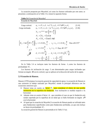 θ V
H
R
Mecánica de Suelos
La ecuación propuesta por Meyerhof, así como los factores utilizados por este autor, se
presentan a continuación en la Tabla 3.4 y tienen la siguiente forma:
Tabla 3.4. Ecuación de Meyerhof
Ecuación de Meyerhof.
Carga vertical: γγγγ dsBN5.0dsNqdscNq qqq
*
cccu ++= [3.19]
Carga inclinada: γγγγγ disBNdisNqdiscNq qqqqccccu 5.0*
++= [3.20]






+=
2
45tan2tan φφπ
eNq
( ) φcot1−= qc NN
( ) ( )φγ 4.1tan1−= qNN












+=
2
45tan2 φ
pK
L
B
Kss
L
B
Ks pqpc 1.01,2.01 +==+= γ Para °≥10φ
1,2.01 ==+= γss
L
B
s qc Para °=0φ
B
D
Kdd
B
D
d
f
pq
f
c 1.01,2.01 +==++ γ
22
1,
90
1 





−=





°
−==
φ
θθ
γiii qc
En la Tabla 3.4 se incluyen tanto los factores de forma is como los factores de
profundidad id .
Los factores de inclinación de carga ii son determinados para cargas inclinadas que
forman un ángulo θ con la vertical y que se aplican en la dirección del ancho de la zapata.
2.3 Ecuación de Hansen.
Hansen (1970) propuso la ecuación general de capacidad de apoyo. La ecuación de Hansen es
una extensión al trabajo realizado por Meyerhof, siendo la principal diferencia con las
ecuaciones anteriores que:
• Hansen toma en cuenta un factor ib para considerar el efecto de una posible
inclinación de la superficie de fundación. Esta inclinación es medida respecto a la
horizontal.
• Además toma en cuenta el factor ig que considera el caso en que la fundación está
siendo soportada por la superficie de un talud que se halla formando un ángulo β
con la horizontal.
• Al igual que la ecuación de Meyerhof, la ecuación de Hansen puede ser utilizada tanto
para fundaciones superficiales como para fundaciones profundas, ya que esta incluye
un factor de profundidad id .
La ecuación general de Hansen es presentada en la Tabla 3.5 (a).
153
 