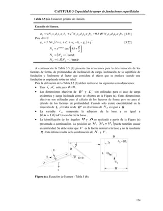 CAPITULO 3 Capacidad de apoyo de fundaciones superficiales
Tabla 3.5 (a). Ecuación general de Hansen.
Ecuación de Hansen.
γγγγγγγ bgidsNBbgidsNqbgidscNq qqqqqqccccccu '5.0*
++= [3.21]
Para 0=φ
( ) *
cccccuu qgbids1c14.5q +−−−+++= [3.22]






+=
2
45tan2tan φφπ
eNq
( ) φcot1−= qc NN
( ) φγ tan15.1 −= qNN
A continuación la Tabla 3.5 (b) presenta las ecuaciones para la determinación de los
factores de forma, de profundidad, de inclinación de carga, inclinación de la superficie de
fundación y finalmente el factor que considera el efecto que se produce cuando una
fundación es emplazada sobre un talud.
Para la utilización de la Tabla 3.5 (b) deben realizarse las siguientes consideraciones:
• Usar
''
, cc ds solo para 0=φ .
• Las dimensiones efectivas de 'B y 'L son utilizadas para el caso de carga
excéntrica y carga inclinada como se observa en la Figura (a). Estas dimensiones
efectivas son utilizadas para el cálculo de los factores de forma pero no para el
cálculo de los factores de profundidad. Cuando solo existe excentricidad en la
dirección de L , el valor de de 'B en el término de γN es igual a B
• La variable ac representa la adhesión de la base y es igual a
( ) baseladeCohesión0.1a6.0 × .
• La identificación de los ángulos η y β es realizada a partir de la Figura (a)
presentada a continuación. La posición de iH ( )LB HH o puede también causar
excentricidad. Se debe notar que V es la fuerza normal a la base y no la resultante
R . Esta última resulta de la combinación de iH y V .
D
V
β D=0H
γ
φ
c
B
ze
B
L H
H
B
L
B'
F
A =B'L
η
Figura (a). Ecuación de Hansen - Tabla 5 (b).
154
2e
 