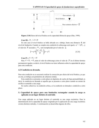 CAPITULO 3 Capacidad de apoyo de fundaciones superficiales
Peso unitario efectivo =
Nivel freático
Peso unitario =
B
Df
d
γ
γ'
Figura 3.10.Efecto del nivel freático en la capacidad última de apoyo (Das, 1999).
Caso III.- BdDf ≤<
En este caso el nivel freático se halla ubicado en o debajo, hasta una distancia B, del
nivel de fundación. Cuando se cumpla esta condición la sobrecarga será igual a f
*
Dq γ= , y
el valor de γ asociado a γN será reemplazado por el valor de γ.
( )'' γγγγ −




 −
+=
B
Dd f
[3.25]
Caso IV.- BDd f +>
Para BDd f +> , tanto el valor de sobrecarga como el valor de γ en el último término
permanecen iguales; es decir; el nivel freático no tiene influencia sobre la capacidad de apoyo
para esta condición.
4.2 Condición no drenada.
Para esta condición no es necesario realizar la corrección por efecto del nivel freático, ya que
en esta, se trabaja con parámetros de esfuerzos totales.
Esta condición se presenta a corto plazo en depósitos de suelos de baja permeabilidad, es
decir, la condición no drenada es aquella que se presenta a corto plazo cuando un estrato de
arcilla es sometido a una carga.
En suelos cohesivos, la condición crítica, es la condición no drenada o condición a corto
plazo.
5. Capacidad de apoyo para una fundación rectangular cuando la carga es
aplicada en un lugar distinto al centroide.
Una carga aplicada en un lugar distinto al centroide es una carga excéntrica. Para la
determinación de la capacidad de apoyo originada por la aplicación de una carga excéntrica
existen distintos métodos. A continuación se desarrollan algunos de ellos.
162
 
