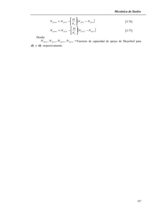 Mecánica de Suelos
[ ])1()2()2()( γγ
γ
γγ NN
d
H
NN m −








−= [3.76]
[ ])1()2()2()( qq
q
qmq NN
d
H
NN −








−= [3.77]
Donde:
=)2()2()1()1( ,,, qq NNNN γγ Factores de capacidad de apoyo de Meyerhof para
21 φφ y respectivamente.
187
 