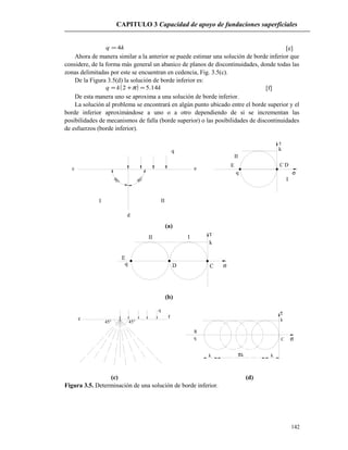 CAPITULO 3 Capacidad de apoyo de fundaciones superficiales
kq 4= [e]
Ahora de manera similar a la anterior se puede estimar una solución de borde inferior que
considere, de la forma más general un abanico de planos de discontinuidades, donde todas las
zonas delimitadas por este se encuentran en cedencia, Fig. 3.5(c).
De la Figura 3.5(d) la solución de borde inferior es:
( ) kkq 14.52 =+= π [f]
De esta manera uno se aproxima a una solución de borde inferior.
La solución al problema se encontrará en algún punto ubicado entre el borde superior y el
borde inferior aproximándose a uno o a otro dependiendo de si se incrementan las
posibilidades de mecanismos de falla (borde superior) o las posibilidades de discontinuidades
de esfuerzos (borde inferior).
d
III
c e
q
q
E
II
k
C D
I
σ
90°
90°
(a)
II I
k
CDq
E
τ
σ
(b)
c r
q
45°45°
R
q
k
C
kk
τ
σ
πk
(c) (d)
Figura 3.5. Determinación de una solución de borde inferior.
142
 