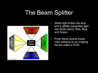 The Beam Splitter White light enters the lens and a splitter separates light into three colors: Red, Blue and Green. Prism block directs these color streams to an imaging device called a CCD. 