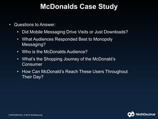 McDonalds Case Study
• Questions to Answer:
• Did Mobile Messaging Drive Visits or Just Downloads?
• What Audiences Responded Best to Monopoly
Messaging?
• Who is the McDonalds Audience?
• What’s the Shopping Journey of the McDonald’s
Consumer
• How Can McDonald’s Reach These Users Throughout
Their Day?
CONFIDENTIAL © 2015 NinthDecimal
 