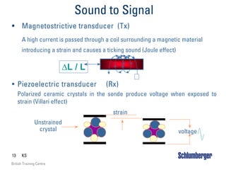 13 KS
British Training Centre
Sound to Signal
• Magnetostrictive transducer (Tx)
A high current is passed through a coil surrounding a magnetic material
introducing a strain and causes a ticking sound (Joule effect)
∆L / L
• Piezoelectric transducer (Rx)
Polarized ceramic crystals in the sonde produce voltage when exposed to
strain (Villari effect)
strain
voltage
Unstrained
crystal
 