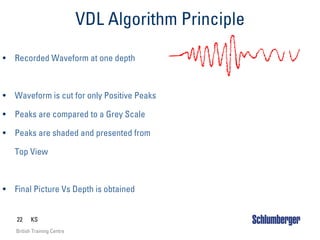 22 KS
British Training Centre
VDL Algorithm Principle
• Recorded Waveform at one depth
• Waveform is cut for only Positive Peaks
• Peaks are compared to a Grey Scale
• Peaks are shaded and presented from
Top View
• Final Picture Vs Depth is obtained
 