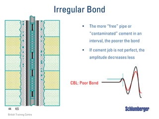 44 KS
British Training Centre
Irregular Bond
T
5
3
2
• The more “free” pipe or
“contaminated” cement in an
interval, the poorer the bond
• If cement job is not perfect, the
amplitude decreases less
CBL: Poor Bond
 