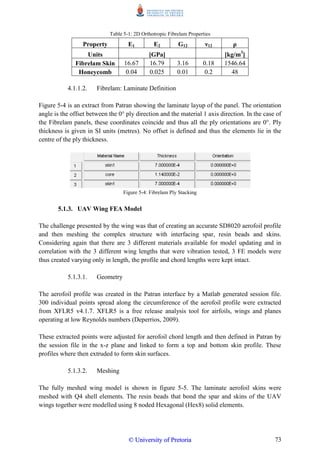 73
Table 5-1: 2D Orthotropic Fibrelam Properties
Property E1 E2 G12 ν12 ρ
Units [GPa] [kg/m3
]
Fibrelam Skin 16.67 16.79 3.16 0.18 1546.64
Honeycomb 0.04 0.025 0.01 0.2 48
4.1.1.2. Fibrelam: Laminate Definition
Figure 5-4 is an extract from Patran showing the laminate layup of the panel. The orientation
angle is the offset between the 0° ply direction and the material 1 axis direction. In the case of
the Fibrelam panels, these coordinates coincide and thus all the ply orientations are 0°. Ply
thickness is given in SI units (metres). No offset is defined and thus the elements lie in the
centre of the ply thickness.
Figure 5-4: Fibrelam Ply Stacking
5.1.3. UAV Wing FEA Model
The challenge presented by the wing was that of creating an accurate SD8020 aerofoil profile
and then meshing the complex structure with interfacing spar, resin beads and skins.
Considering again that there are 3 different materials available for model updating and in
correlation with the 3 different wing lengths that were vibration tested, 3 FE models were
thus created varying only in length, the profile and chord lengths were kept intact.
5.1.3.1. Geometry
The aerofoil profile was created in the Patran interface by a Matlab generated session file.
300 individual points spread along the circumference of the aerofoil profile were extracted
from XFLR5 v4.1.7. XFLR5 is a free release analysis tool for airfoils, wings and planes
operating at low Reynolds numbers (Deperrios, 2009).
These extracted points were adjusted for aerofoil chord length and then defined in Patran by
the session file in the x-z plane and linked to form a top and bottom skin profile. These
profiles where then extruded to form skin surfaces.
5.1.3.2. Meshing
The fully meshed wing model is shown in figure 5-5. The laminate aerofoil skins were
meshed with Q4 shell elements. The resin beads that bond the spar and skins of the UAV
wings together were modelled using 8 noded Hexagonal (Hex8) solid elements.
©© UUnniivveerrssiittyy ooff PPrreettoorriiaa
 