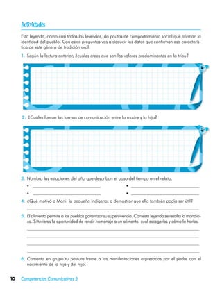 
     Esta leyenda, como casi todas las leyendas, da pautas de comportamiento social que afirman la
     identidad del pueblo. Con estas preguntas vas a deducir los datos que confirman esa caracterís-
     tica de este género de tradición oral.
     1.	 Según la lectura anterior, ¿cuáles crees que son los valores predominantes en la tribu?




     2.	 ¿Cuáles fueron las formas de comunicación entre la madre y la hija?




     3.	 Nombra las estaciones del año que describan el paso del tiempo en el relato.
         •	                                        	              •
         •	                                        	              •
     4.	 ¿Qué motivó a Mani, la pequeña indígena, a demostrar que ella también podía ser útil?
     	
     5.	 El alimento permite a los pueblos garantizar su supervivencia. Con esta leyenda se resalta la mandio-
         ca. Si tuvieras la oportunidad de rendir homenaje a un alimento, cuál escogerías y cómo lo harías.
     	
     	
     	
     	
     6.	 Comenta en grupo tu postura frente a las manifestaciones expresadas por el padre con el
         nacimiento de la hija y del hijo.


10   Competencias Comunicativas 5
 