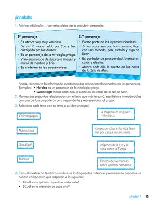 
1.	 Adivina adivinador… con estas pistas vas a descubrir personajes.


    1er personaje                                 2.º personaje
    •	 Es atractivo y muy vanidoso.               •	 Forma parte de las leyendas irlandesas.
    •	 Se sintió muy atraído por Eco y fue        •	 Si las cosas van por buen camino, llega
       castigado por los dioses.                     con una moneda, pan, carbón y algo de
    •	 Es un personaje de la mitología griega.       licor.
    •	 Vivió enamorado de su propia imagen y      •	 Es portador de prosperidad, bienestar,
       murió de hambre y frío.                       calor y alegría.
    •	 Es sinónimo de los egocéntricos.           •	 Marca cada año la suerte en las casas
                                                     de la Isla de Man.



	   Ahora, reconstruye la información escribiendo dos oraciones relacionadas con los personajes.
    Ejemplos: • Narciso es un personaje de la mitología griega.
   	 		        • Quaaltagh marca cada año la suerte en las casas de la Isla de Man.
2.	 Plantea dos preguntas relacionadas con el texto que más te gustó, escríbelas e intercámbialas
    con uno de tus compañeros para responderlas y representarlas al grupo.
3.	 Relaciona cada texto con su tema o su idea principal.
                                                                   la tragedia de un joven
	    Chiminigagua                                                  mitológico.



                                                              consecuencias en la vida fami-
	    Marea baja
                                                              liar por causa de una visita.


	   Quaaltagh                                                      orígenes de la luz y la
                                                                   vida sobre la Tierra.


	    Narciso
                                                                  Efectos de las mareas
                                                                  sobre asuntos humanos.

4.	 Consulta textos con temáticas similares a los fragmentos anteriores y realiza en tu cuaderno un
    cuadro comparativo que responda a lo siguiente:
    •	 ¿Cuál es tu opinión respecto a cada texto?
    •	 ¿Cuál es la intención de cada uno?


                                                                                             Unidad 1   13
 