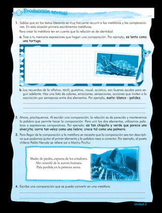 1.	 Sabías que en los textos literarios es muy frecuente recurrir a las metáforas y las comparacio-
    nes. En esta ocasión primero escribiremos metáforas.
   Para crear la metáfora ten en cuenta que la relación es de identidad:
    a.	Trae a tu memoria expresiones que hagan una comparación. Por ejemplo, es lento como
       una tortuga.


	


	


	



    b.	Los recuerdos de lo olfativo, táctil, gustativo, visual, acústico, son buenas ayudas para se-
       guir adelante. Haz una lista de colores, emociones, sensaciones, acciones que inviten a la
       asociación por semejanza entre dos elementos. Por ejemplo, susto: blanco - palidez.
    	
    	
    	
2.	 Ahora, practiquemos. Al escribir una comparación, la relación es de parecido y mantenemos
    la palabra que permite hacer la comparación. Para unir los dos elementos, utilizamos pala-
    bras o expresiones comparativas. Por ejemplo: es tan chiquita y verde que parece una
    alverjita; corre tan veloz como una liebre; crece tal como una palmera.
3.	 Para llegar de la comparación a la metáfora se necesita que la comparación sea tan descripti-
    va que podamos quitar el primer elemento y la palabra nexo o conector. Por ejemplo, el poeta
    chileno Pablo Neruda se refiere así a Machu Picchu:

                            Madre de piedra, espuma de los cóndores.
                                Alto arrecife de la aurora humana.
            Madre de piedra, espuma perdida en la primera arena.
                                 Pala de los cóndores.
               Alto arrecife de la aurora humana.
               Pala perdida en la primera arena.




4.	 Escribe una comparación que se pueda convertir en una metáfora.
	
	

                                                                                          Unidad 2     25
 
