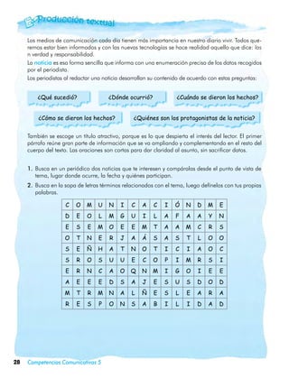 Los medios de comunicación cada día tienen más importancia en nuestro diario vivir. Todos que-
     remos estar bien informados y con las nuevas tecnologías se hace realidad aquello que dice: las
     n verdad y responsabilidad.
     La noticia es esa forma sencilla que informa con una enumeración precisa de los datos recogidos
     por el periodista.
     Los periodistas al redactar una noticia desarrollan su contenido de acuerdo con estas preguntas:


     	   ¿Qué sucedió?	                ¿Dónde ocurrió?	            ¿Cuándo se dieron los hechos?


     	   ¿Cómo se dieron los hechos?	            ¿Quiénes son los protagonistas de la noticia?


     También se escoge un título atractivo, porque es lo que despierta el interés del lector. El primer
     párrafo reúne gran parte de información que se va ampliando y complementando en el resto del
     cuerpo del texto. Las oraciones son cortas para dar claridad al asunto, sin sacrificar datos.


     1.	 Busca en un periódico dos noticias que te interesen y compáralas desde el punto de vista de
         tema, lugar donde ocurre, la fecha y quiénes participan.
     2.	 Busca en la sopa de letras términos relacionados con el tema, luego defínelos con tus propias
         palabras.

                    C    O   M    U    N    I   C    A   C    I   Ó    N    D   M    E
                    D    E   O    L    M   G    U    I   L    A    F   A    A   Y    N
                    E    S    E   M    O   E    E   M    T    A   A    M    C   R    S
                    O    T   N    E    R   J    A    Á   S    A   S    T    L   O    O
                    S    E   Ñ    H    A   T    N   O    T    I    C   I    A   O    C
                    S    R   O    S    U   U    E    C   O    P    I   M    R   S    I
                    E    R   N    C    A   O    Q   N    M    I   G    O    I   E    E
                    A    E    E   E    D   S    A    J   E    S   U    S    D   O    D
                    M    T    R   M    N   A    L   Ñ    E    S    L   E    A   R    A
                    R    E    S   P    O   N    S    A   B    I    L   I    D   A    D




28   Competencias Comunicativas 5
 