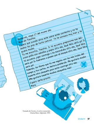 ño                        o te
                                   i smo a                   nt o y n n y te
                         del m                        conte muy bie
              mayo
                      17                       stés
        ndi,                        e so bre e e conozco
  avapi Tocotoc: abras est ar. Yo t                                          eli-
R         o             o            in                           me  ese d ! Si
 Q uerid ue cuand anto cam                               pre parar sería yo
  Esp ero q pies de t                        qui sieras ¡qué feliz ¡qué feliz
          n los o.                   Si tú tra vez,                vez,           eliz
   duela much               oco toc. pas o               das otra ez, ¡qué f
    qu iero        an tas, T ollas y pa s escondi ue otra v
            e enc con ceb               a la            osq
     Tú m ollo                 on migo r por el b                               el
                                                                           das d o
              p             rc
      cioso ieras juga mos a pas
                                        ea                           s lin
                s                                         on l as má aría much
        t ú qui ! Si fuéra                     reg  alas s . Me gust
         ser ía yo                 ue t ú me preferida tra vez.
                  yo!         res q i lectura contigo o
           sería s, las flo s, m               star             ás!
            A demá tus carta ta para e haquetas m
                   oy           que           sc
             camp e otra cha rte mucha
                    t            e
              hacer staría hac        o.
                      u
               ¡Me g        rte pront
                 Espe ro ve
                  María




      Tomado de Tocotoc, el cartero enamorado,
              Clarisa Ruiz, Adpostal, 1993.


                                                                          Unidad 4       57
 