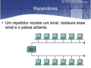 Repetidores 
• Um repetidor recebe um sinal, restaura esse 
sinal e o passa adiante. 
 