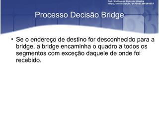 Processo Decisão Bridge 
• Se o endereço de destino for desconhecido para a 
bridge, a bridge encaminha o quadro a todos os 
segmentos com exceção daquele de onde foi 
recebido. 
 