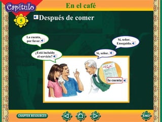 Después de comer 5 En el café ¿Está incluido el servicio? La cuenta, por favor. Sí, señor. Sí, señor. Enseguida. la cuenta 