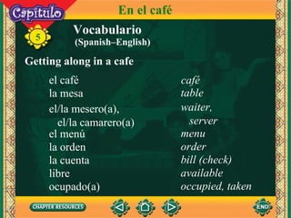 Vocabulario Getting along in a cafe el café café 5 En el café la mesa el menú la orden la cuenta libre ocupado(a) table menu order bill (check) available occupied, taken el/la mesero(a),  el/la camarero(a) waiter, server (Spanish –English) 