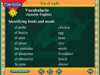 Vocabulario Identifying foods and meals el pollo chicken 5 En el café el huevo egg el atún tuna el arroz rice las comidas meals el desayuno breakfast el almuerzo lunch la cena dinner (Spanish –English) 