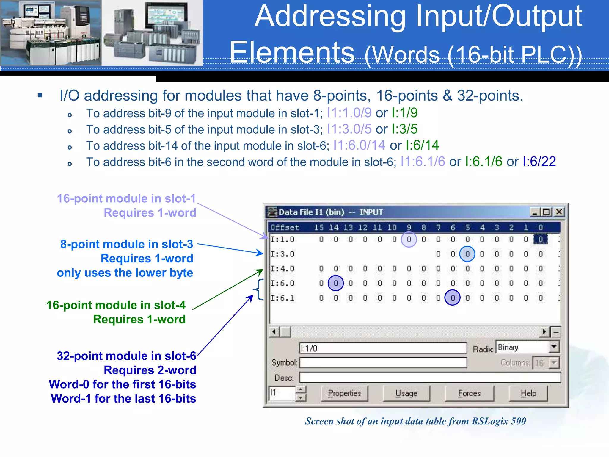 Addressing Input/Output
Elements (Words (16-bit PLC))
 I/O addressing for modules that have 8-points, 16-points & 32-points.
 To address bit-9 of the input module in slot-1; I1:1.0/9 or I:1/9
 To address bit-5 of the input module in slot-3; I1:3.0/5 or I:3/5
 To address bit-14 of the input module in slot-6; I1:6.0/14 or I:6/14
 To address bit-6 in the second word of the module in slot-6; I1:6.1/6 or I:6.1/6 or I:6/22
16-point module in slot-1
Requires 1-word
16-point module in slot-4
Requires 1-word
8-point module in slot-3
Requires 1-word
only uses the lower byte
32-point module in slot-6
Requires 2-word
Word-0 for the first 16-bits
Word-1 for the last 16-bits
Screen shot of an input data table from RSLogix 500
 