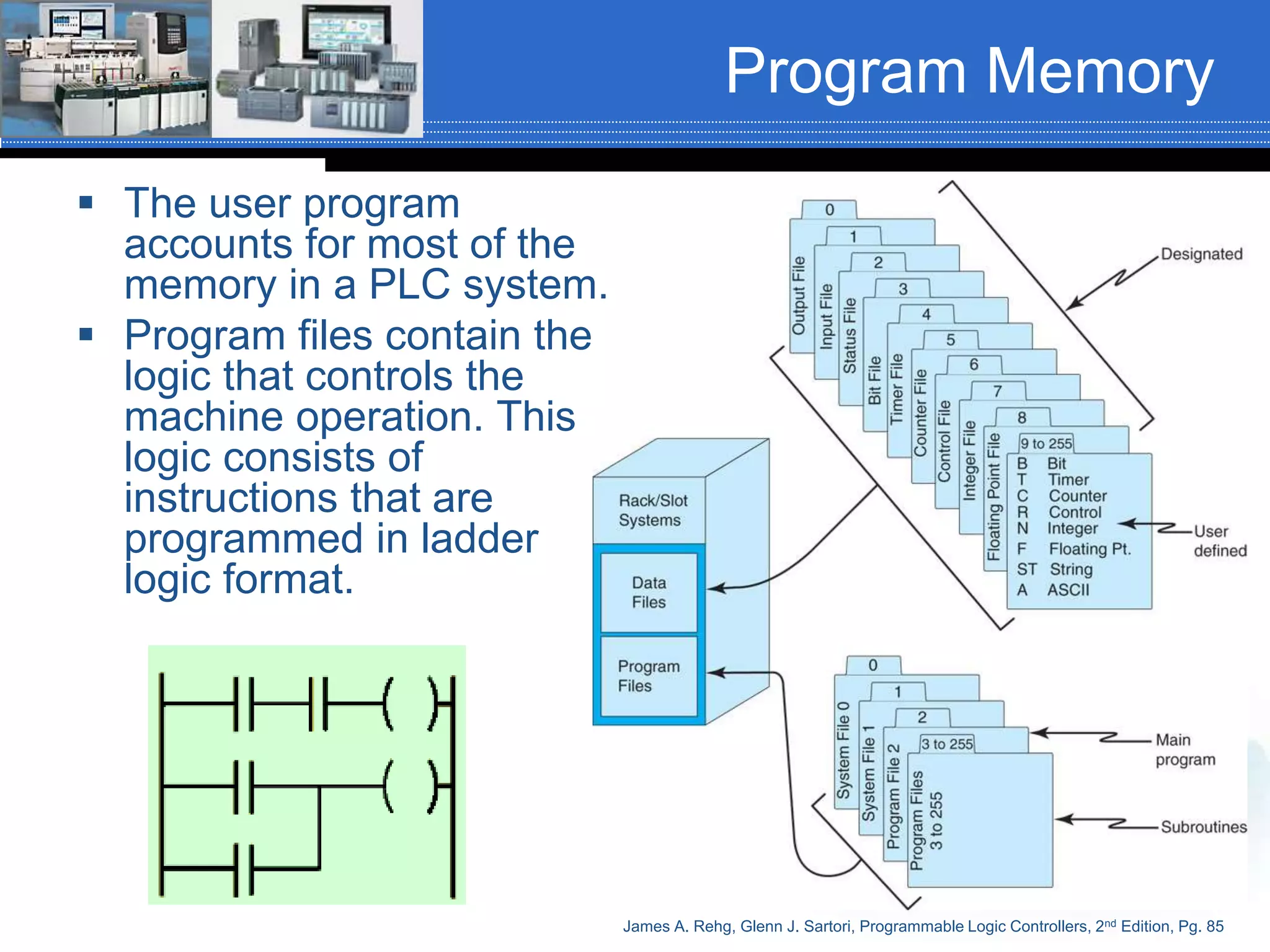 Program Memory
 The user program
accounts for most of the
memory in a PLC system.
 Program files contain the
logic that controls the
machine operation. This
logic consists of
instructions that are
programmed in ladder
logic format.
James A. Rehg, Glenn J. Sartori, Programmable Logic Controllers, 2nd Edition, Pg. 85
 