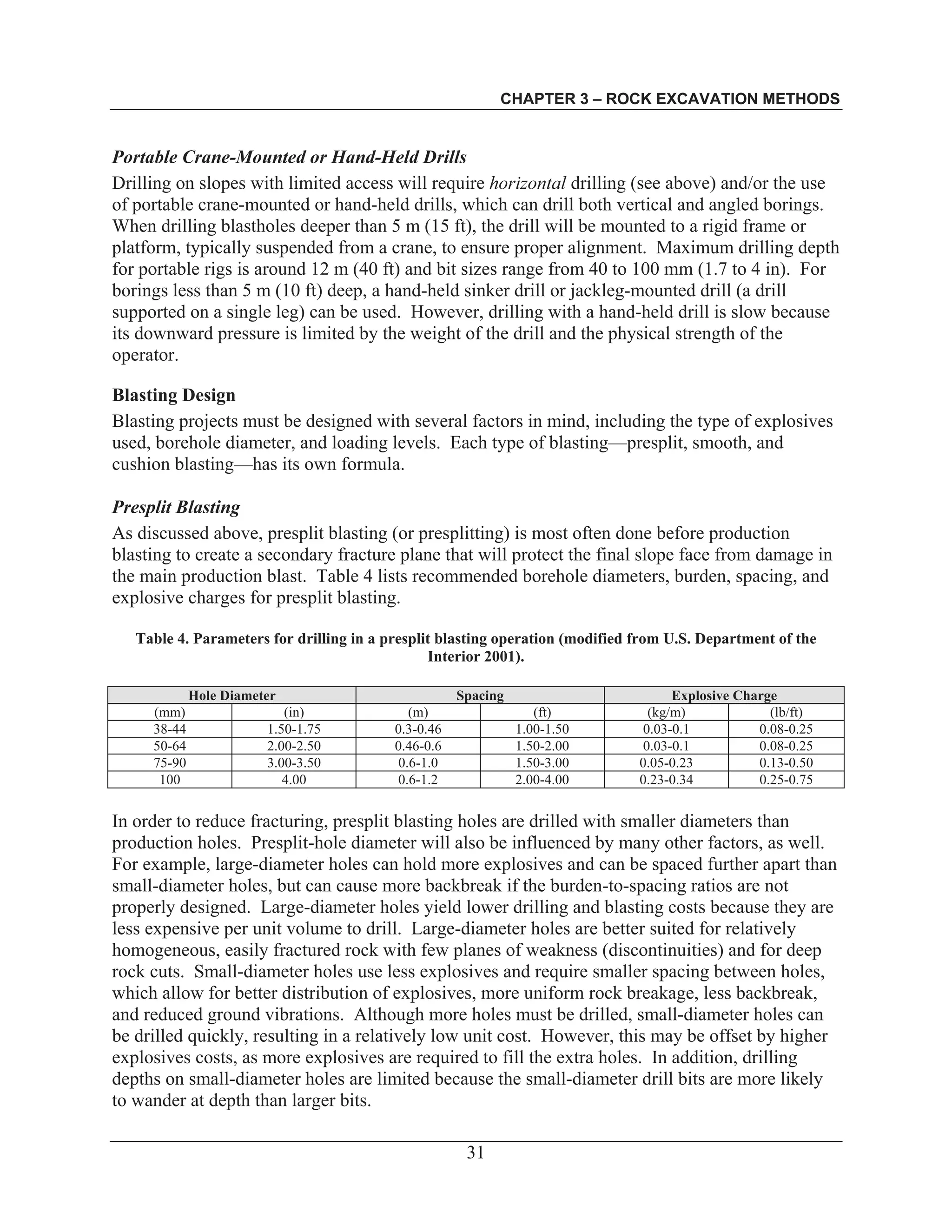 CHAPTER 3 – ROCK EXCAVATION METHODS
31
Portable Crane-Mounted or Hand-Held Drills
Drilling on slopes with limited access will require horizontal drilling (see above) and/or the use
of portable crane-mounted or hand-held drills, which can drill both vertical and angled borings.
When drilling blastholes deeper than 5 m (15 ft), the drill will be mounted to a rigid frame or
platform, typically suspended from a crane, to ensure proper alignment. Maximum drilling depth
for portable rigs is around 12 m (40 ft) and bit sizes range from 40 to 100 mm (1.7 to 4 in). For
borings less than 5 m (10 ft) deep, a hand-held sinker drill or jackleg-mounted drill (a drill
supported on a single leg) can be used. However, drilling with a hand-held drill is slow because
its downward pressure is limited by the weight of the drill and the physical strength of the
operator.
Blasting Design
Blasting projects must be designed with several factors in mind, including the type of explosives
used, borehole diameter, and loading levels. Each type of blasting—presplit, smooth, and
cushion blasting—has its own formula.
Presplit Blasting
As discussed above, presplit blasting (or presplitting) is most often done before production
blasting to create a secondary fracture plane that will protect the final slope face from damage in
the main production blast. Table 4 lists recommended borehole diameters, burden, spacing, and
explosive charges for presplit blasting.
Table 4. Parameters for drilling in a presplit blasting operation (modified from U.S. Department of the
Interior 2001).
Hole Diameter Spacing Explosive Charge
(mm) (in) (m) (ft) (kg/m) (lb/ft)
38-44 1.50-1.75 0.3-0.46 1.00-1.50 0.03-0.1 0.08-0.25
50-64 2.00-2.50 0.46-0.6 1.50-2.00 0.03-0.1 0.08-0.25
75-90 3.00-3.50 0.6-1.0 1.50-3.00 0.05-0.23 0.13-0.50
100 4.00 0.6-1.2 2.00-4.00 0.23-0.34 0.25-0.75
In order to reduce fracturing, presplit blasting holes are drilled with smaller diameters than
production holes. Presplit-hole diameter will also be influenced by many other factors, as well.
For example, large-diameter holes can hold more explosives and can be spaced further apart than
small-diameter holes, but can cause more backbreak if the burden-to-spacing ratios are not
properly designed. Large-diameter holes yield lower drilling and blasting costs because they are
less expensive per unit volume to drill. Large-diameter holes are better suited for relatively
homogeneous, easily fractured rock with few planes of weakness (discontinuities) and for deep
rock cuts. Small-diameter holes use less explosives and require smaller spacing between holes,
which allow for better distribution of explosives, more uniform rock breakage, less backbreak,
and reduced ground vibrations. Although more holes must be drilled, small-diameter holes can
be drilled quickly, resulting in a relatively low unit cost. However, this may be offset by higher
explosives costs, as more explosives are required to fill the extra holes. In addition, drilling
depths on small-diameter holes are limited because the small-diameter drill bits are more likely
to wander at depth than larger bits.
 