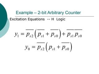 Example – 2-bit Arbitrary Counter
 Excitation Equations -- H Logic
 
 
1 2 1 0 1 0
0 2 1 0
s s s s s
s s s
y p p p p p
y p p p
  
 
 