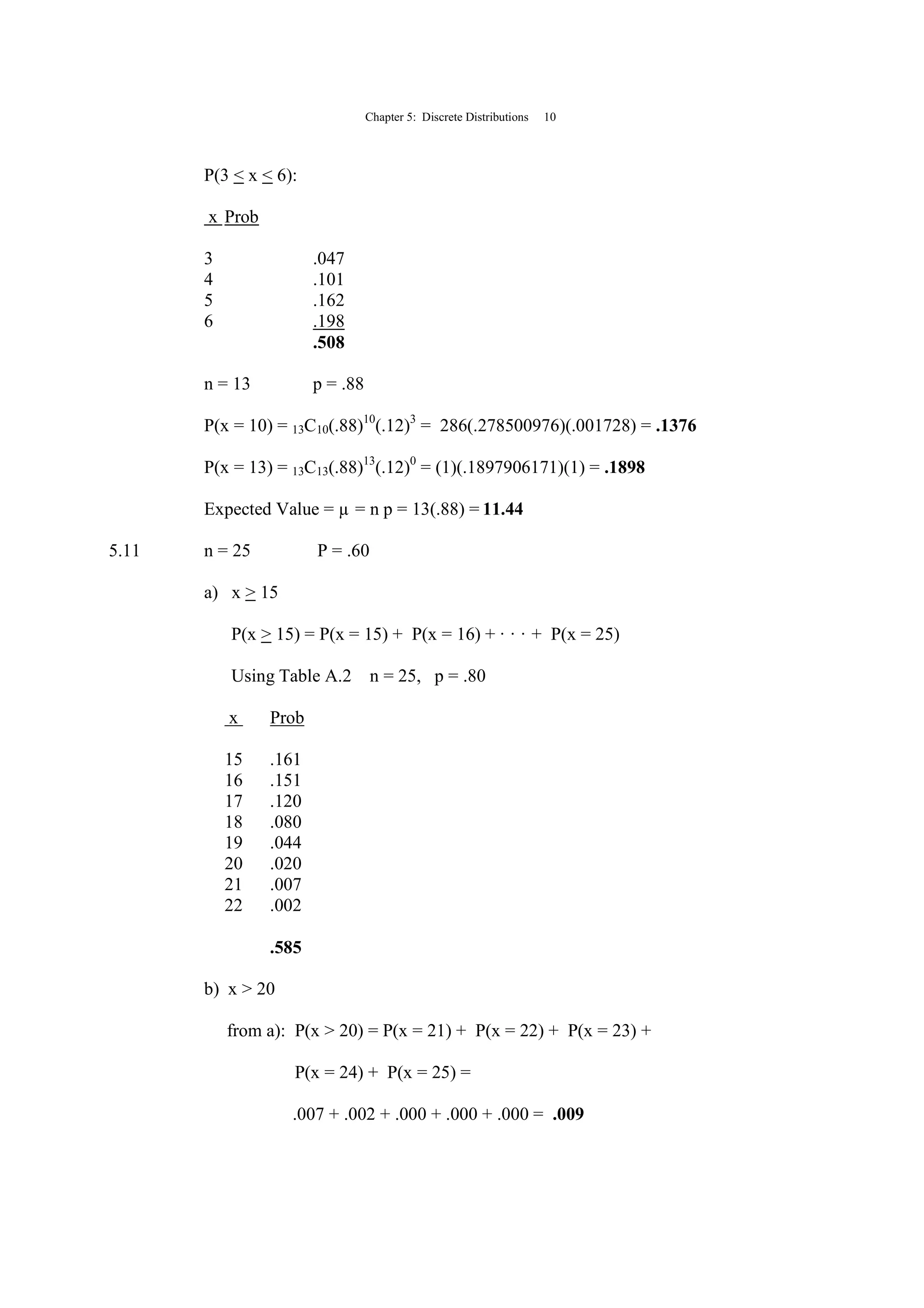 Chapter 5: Discrete Distributions 10
P(3 < x < 6):
x Prob
3 .047
4 .101
5 .162
6 .198
.508
n = 13 p = .88
P(x = 10) = 13C10(.88)10
(.12)3
= 286(.278500976)(.001728) = .1376
P(x = 13) = 13C13(.88)13
(.12)0
= (1)(.1897906171)(1) = .1898
Expected Value = µ = n p = 13(.88) = 11.44
5.11 n = 25 P = .60
a) x > 15
P(x > 15) = P(x = 15) + P(x = 16) + · · · + P(x = 25)
Using Table A.2 n = 25, p = .80
x Prob
15 .161
16 .151
17 .120
18 .080
19 .044
20 .020
21 .007
22 .002
.585
b) x > 20
from a): P(x > 20) = P(x = 21) + P(x = 22) + P(x = 23) +
P(x = 24) + P(x = 25) =
.007 + .002 + .000 + .000 + .000 = .009
 