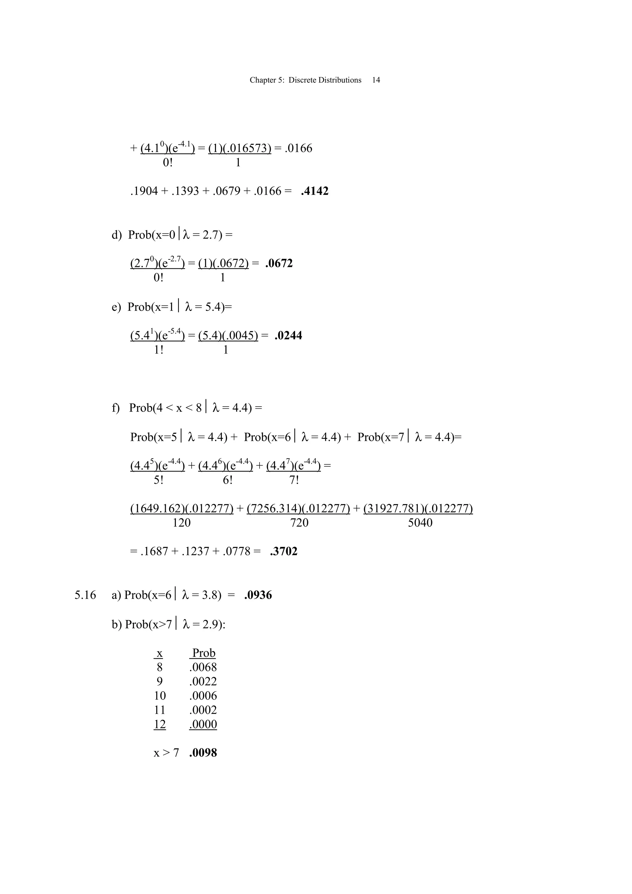 Chapter 5: Discrete Distributions 14
+ (4.10
)(e-4.1
) = (1)(.016573) = .0166
0! 1
.1904 + .1393 + .0679 + .0166 = .4142
d) Prob(x=0λ = 2.7) =
(2.70
)(e-2.7
) = (1)(.0672) = .0672
0! 1
e) Prob(x=1 λ = 5.4)=
(5.41
)(e-5.4
) = (5.4)(.0045) = .0244
1! 1
f) Prob(4 < x < 8 λ = 4.4) =
Prob(x=5 λ = 4.4) + Prob(x=6 λ = 4.4) + Prob(x=7 λ = 4.4)=
(4.45
)(e-4.4
) + (4.46
)(e-4.4
) + (4.47
)(e-4.4
) =
5! 6! 7!
(1649.162)(.012277) + (7256.314)(.012277) + (31927.781)(.012277)
120 720 5040
= .1687 + .1237 + .0778 = .3702
5.16 a) Prob(x=6 λ = 3.8) = .0936
b) Prob(x>7 λ = 2.9):
x Prob
8 .0068
9 .0022
10 .0006
11 .0002
12 .0000
x > 7 .0098
 