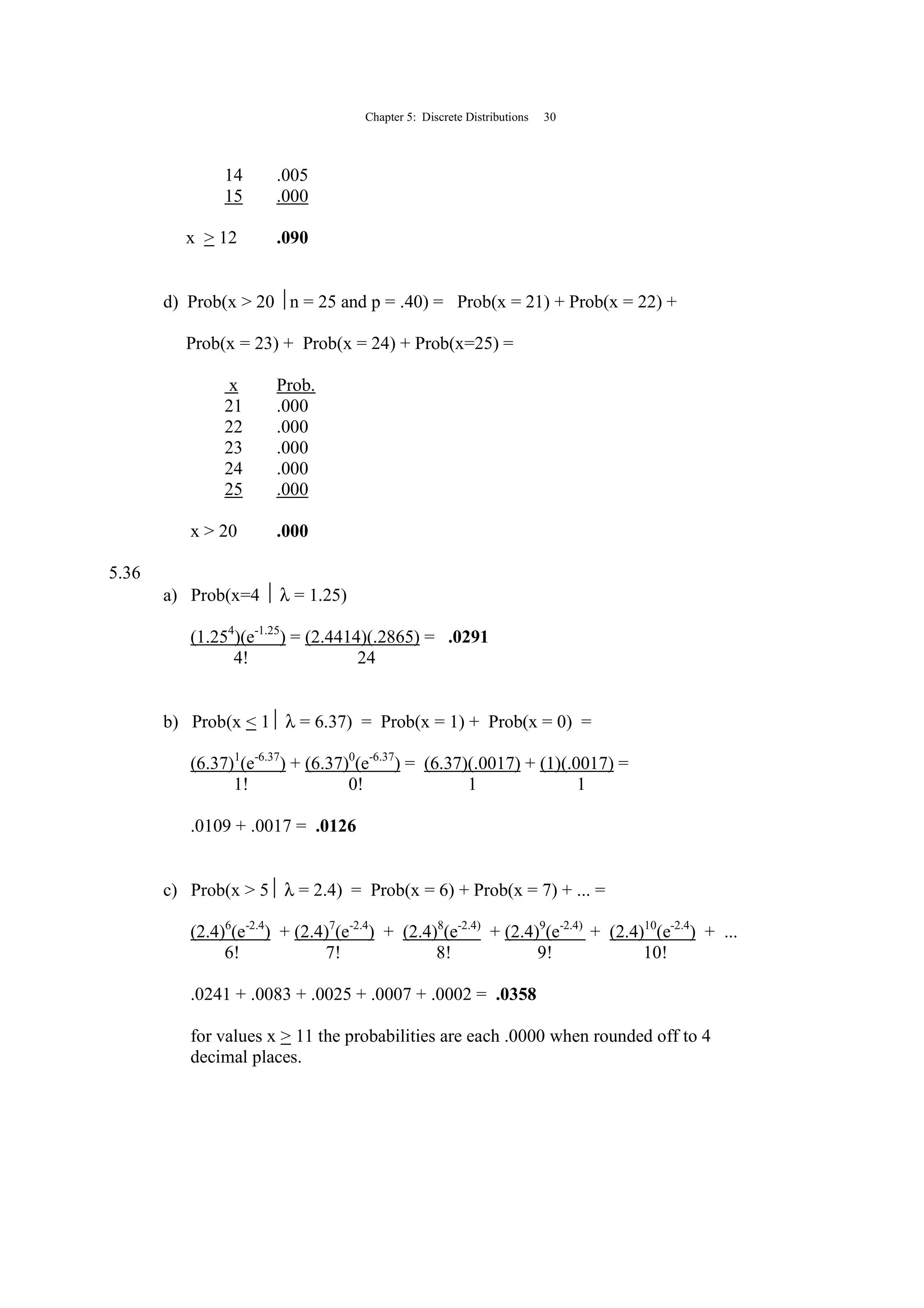 Chapter 5: Discrete Distributions 30
14 .005
15 .000
x > 12 .090
d) Prob(x > 20 n = 25 and p = .40) = Prob(x = 21) + Prob(x = 22) +
Prob(x = 23) + Prob(x = 24) + Prob(x=25) =
x Prob.
21 .000
22 .000
23 .000
24 .000
25 .000
x > 20 .000
5.36
a) Prob(x=4  λ = 1.25)
(1.254
)(e-1.25
) = (2.4414)(.2865) = .0291
4! 24
b) Prob(x < 1 λ = 6.37) = Prob(x = 1) + Prob(x = 0) =
(6.37)1
(e-6.37
) + (6.37)0
(e-6.37
) = (6.37)(.0017) + (1)(.0017) =
1! 0! 1 1
.0109 + .0017 = .0126
c) Prob(x > 5 λ = 2.4) = Prob(x = 6) + Prob(x = 7) + ... =
(2.4)6
(e-2.4
) + (2.4)7
(e-2.4
) + (2.4)8
(e-2.4)
+ (2.4)9
(e-2.4)
+ (2.4)10
(e-2.4
) + ...
6! 7! 8! 9! 10!
.0241 + .0083 + .0025 + .0007 + .0002 = .0358
for values x > 11 the probabilities are each .0000 when rounded off to 4
decimal places.
 